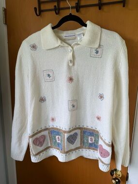 Vintage 90s Alfred Dunner Cream Knit Polo Sweater with Pastel Heart & Floral 1X